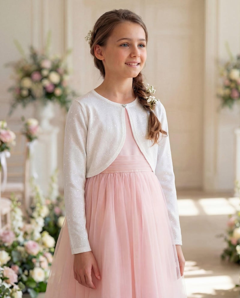 BOLEROSE كارديجان بولو روز للفتيات بأكمام طويلة مع لمسة لامعة (أبيض - لمعة هولوجرافية، 5-6 سنوات) - Image 4